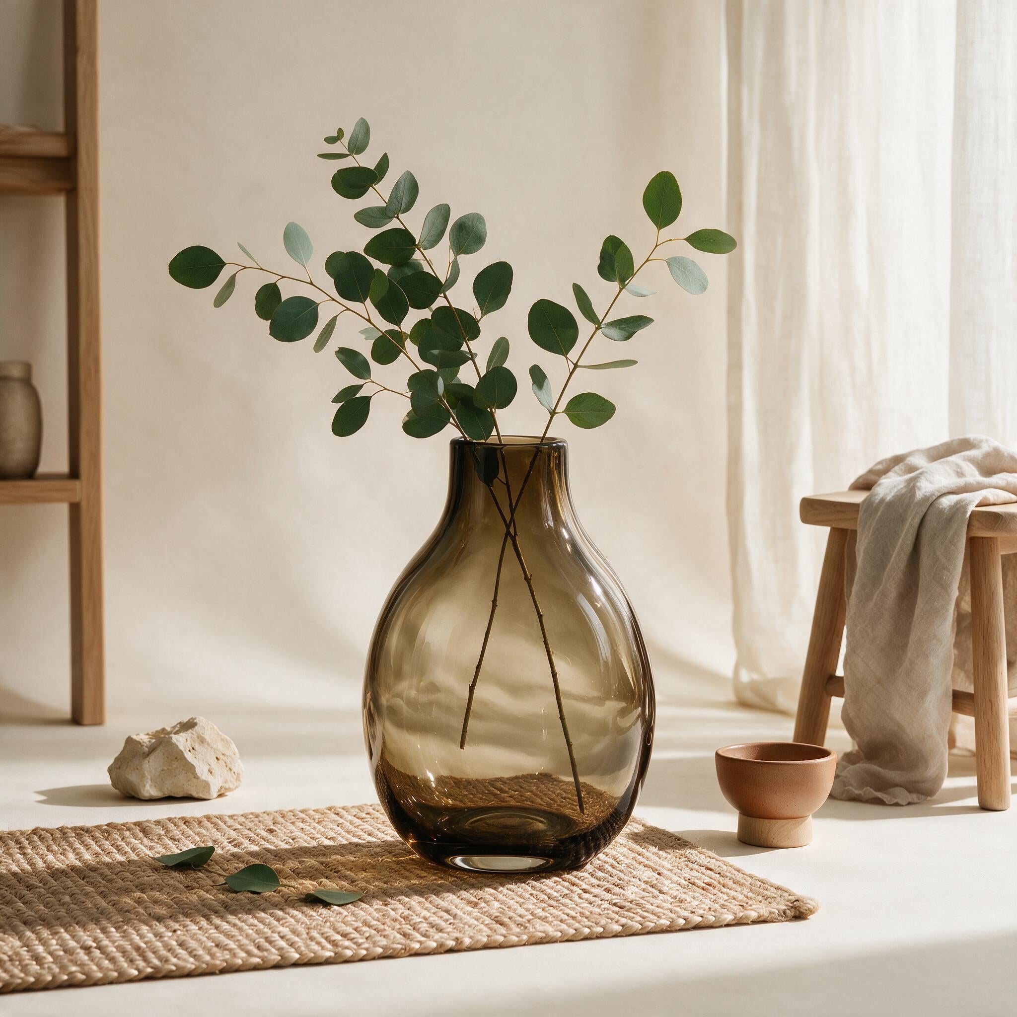 Flora Smoke Amber Glass Vase styled in a quiet interior