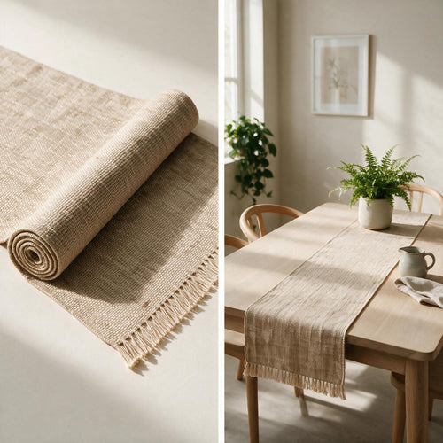 Luma Woven Table Runner in warm sand, alternate detail view
