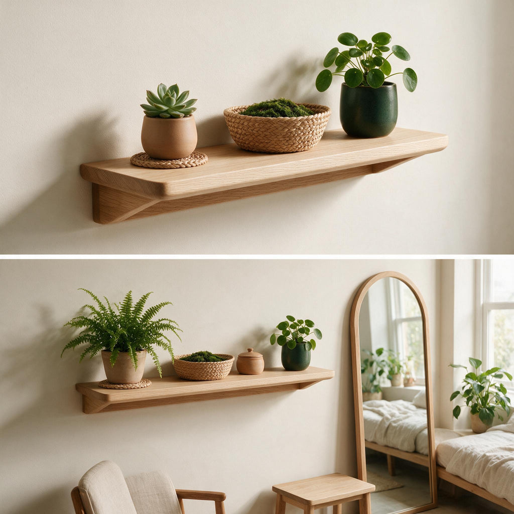 Arlo Oak Wall Shelf styled in a quiet interior