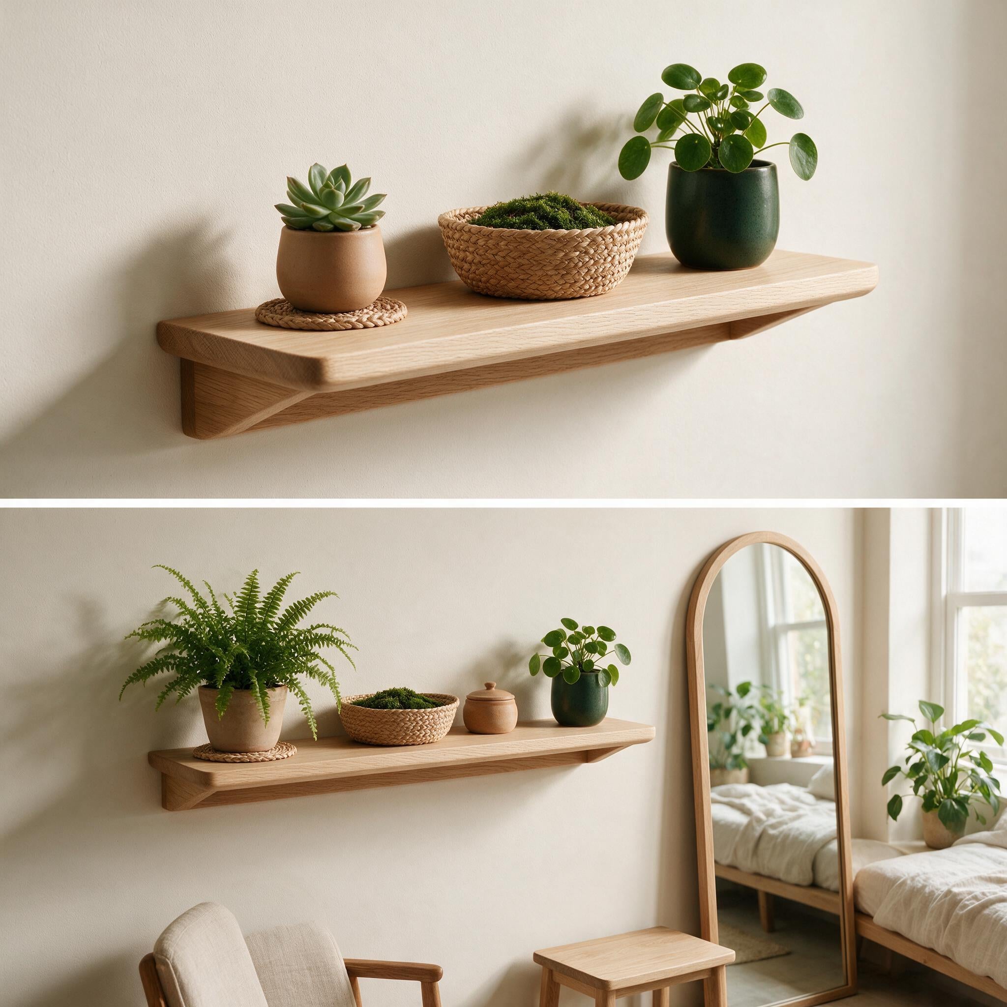 Arlo Oak Wall Shelf styled in a quiet interior