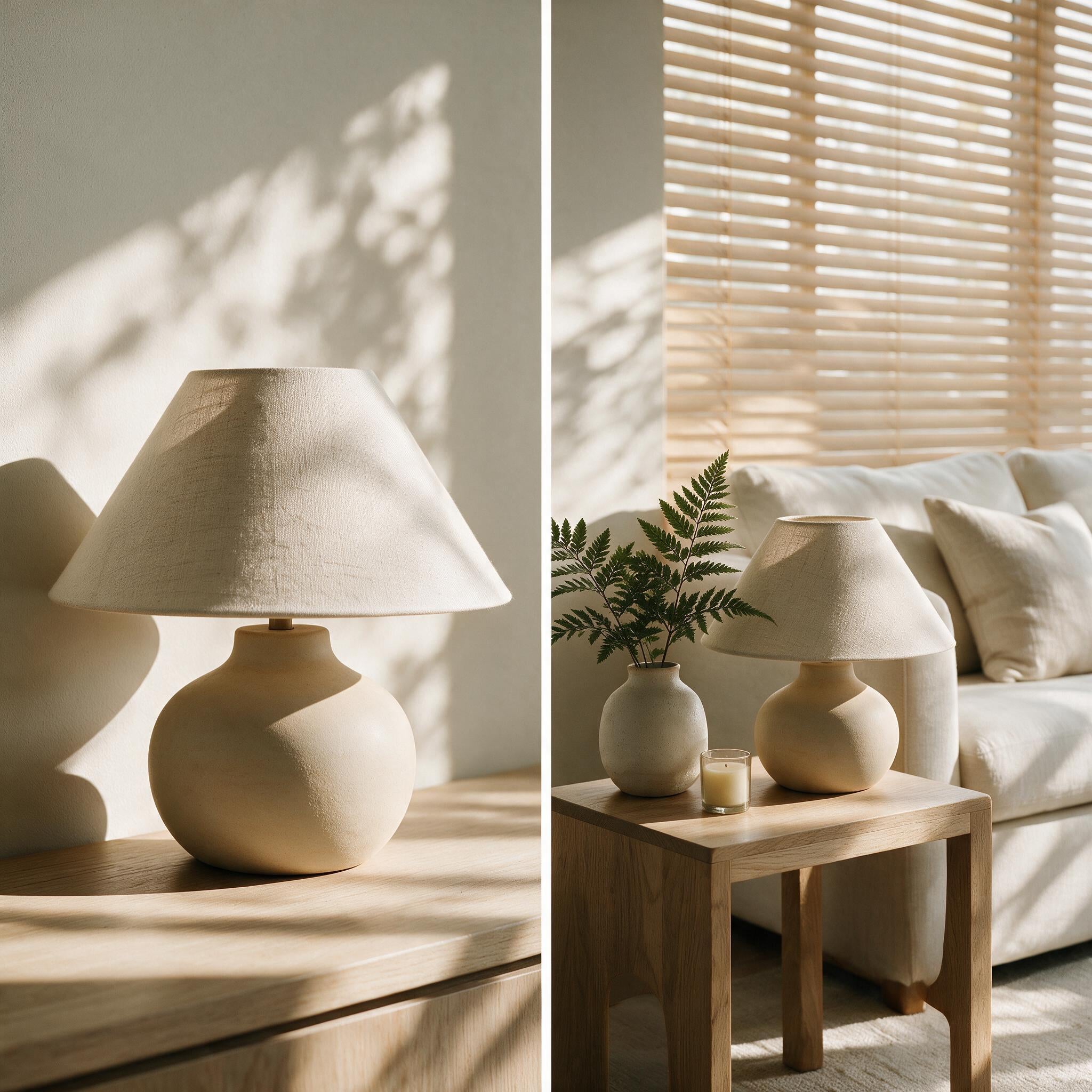 Grove Table Lamp with pale clay ceramic base, styled interior view