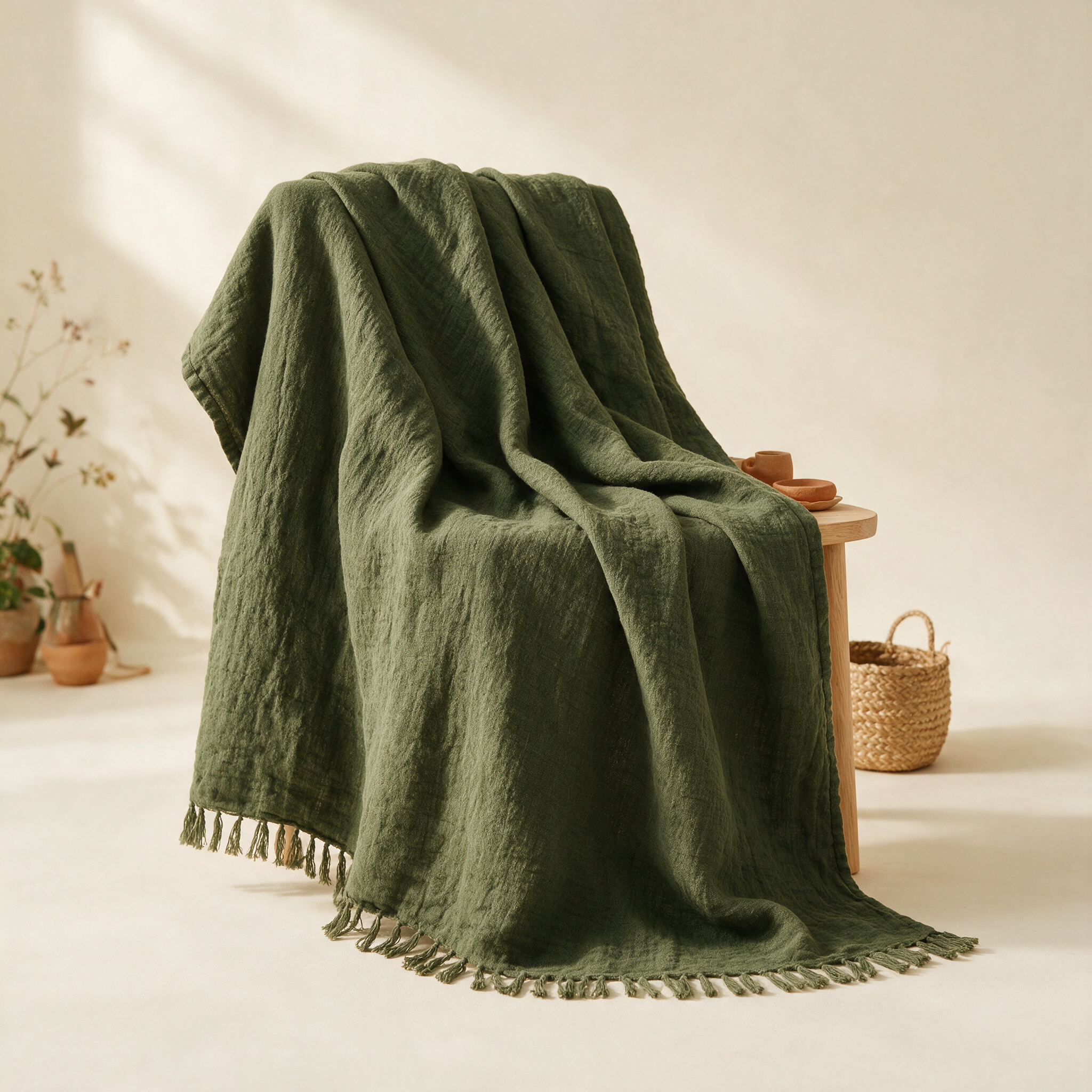 Sora Linen Throw in moss by Eco Bloom Supplies