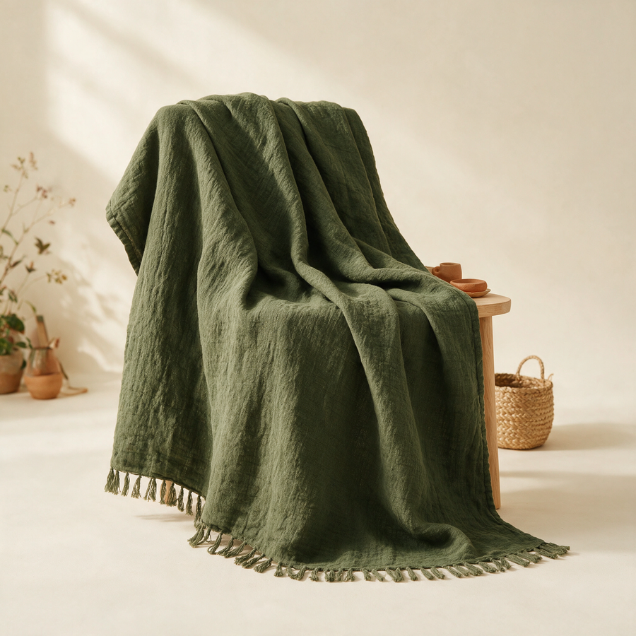 Sora Linen Throw in moss by Eco Bloom Supplies