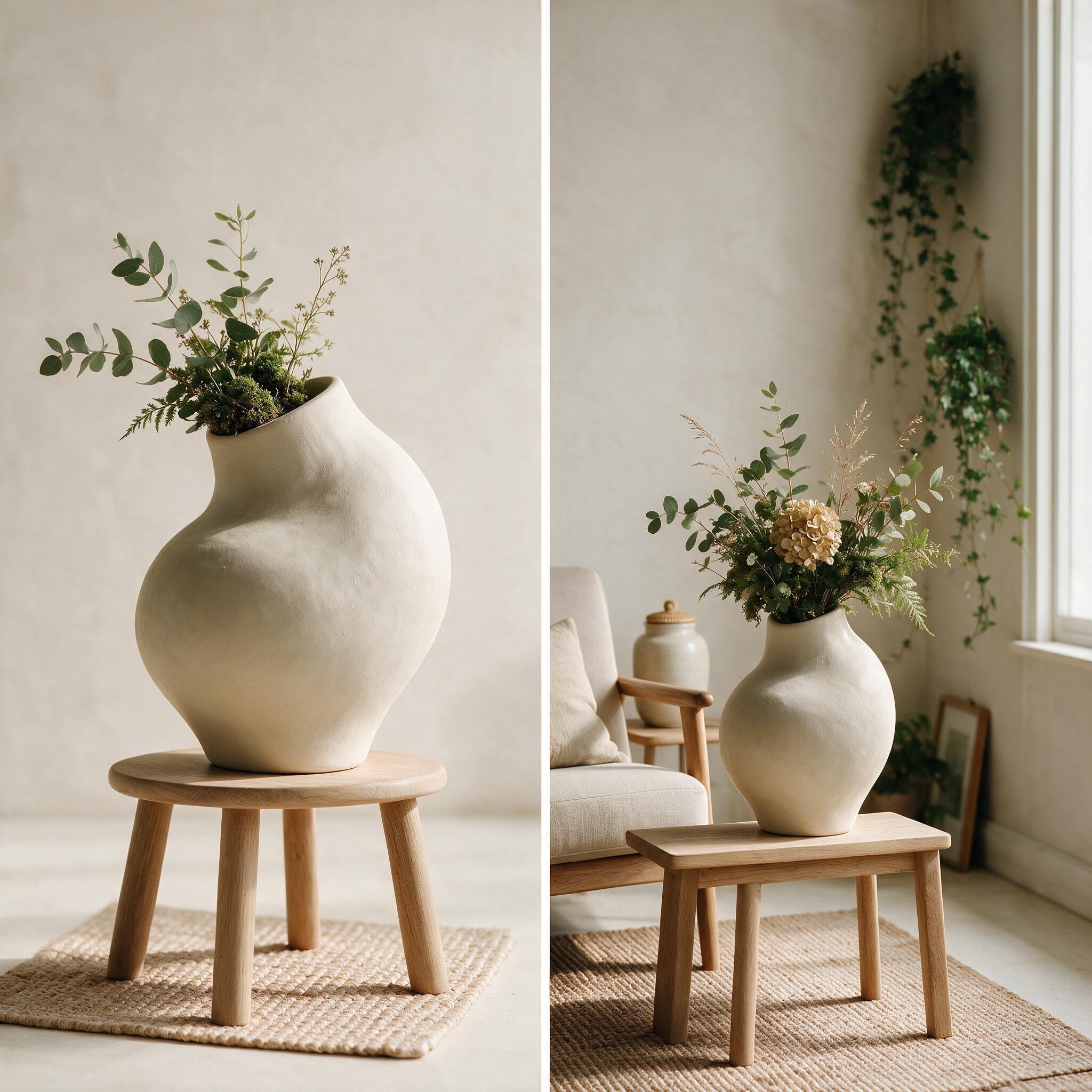Meadow Ceramic Vase in warm chalk white, styled interior view