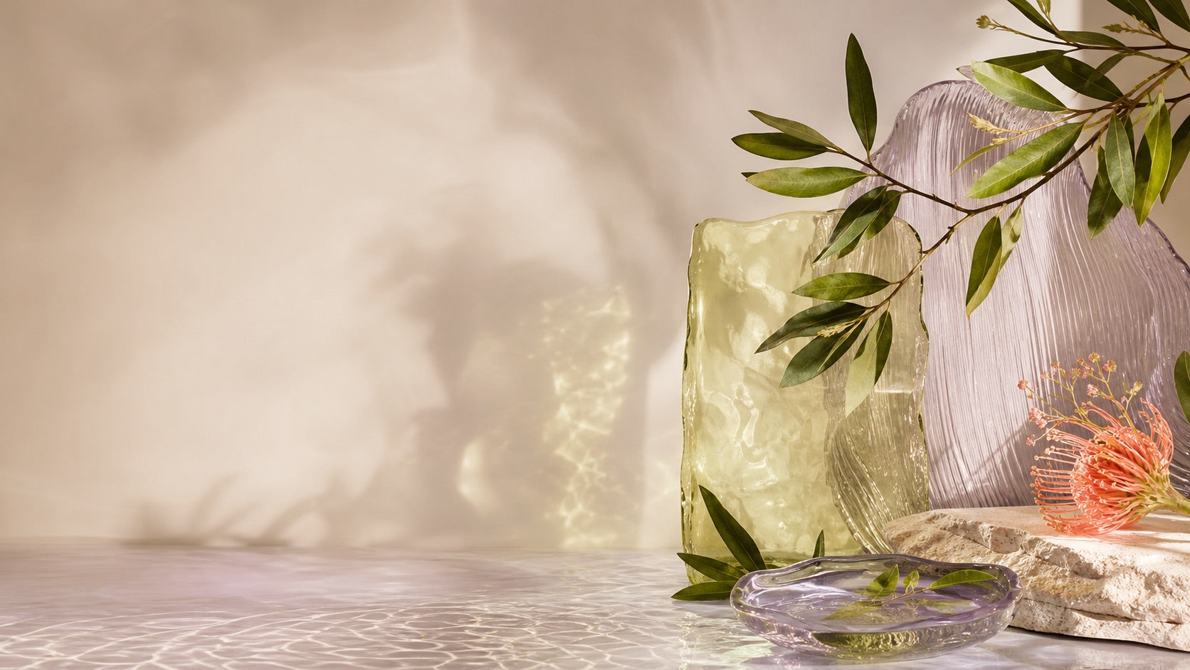 Abstract editorial still life in plum, lavender and lime tones for Eco Bloom Supplies