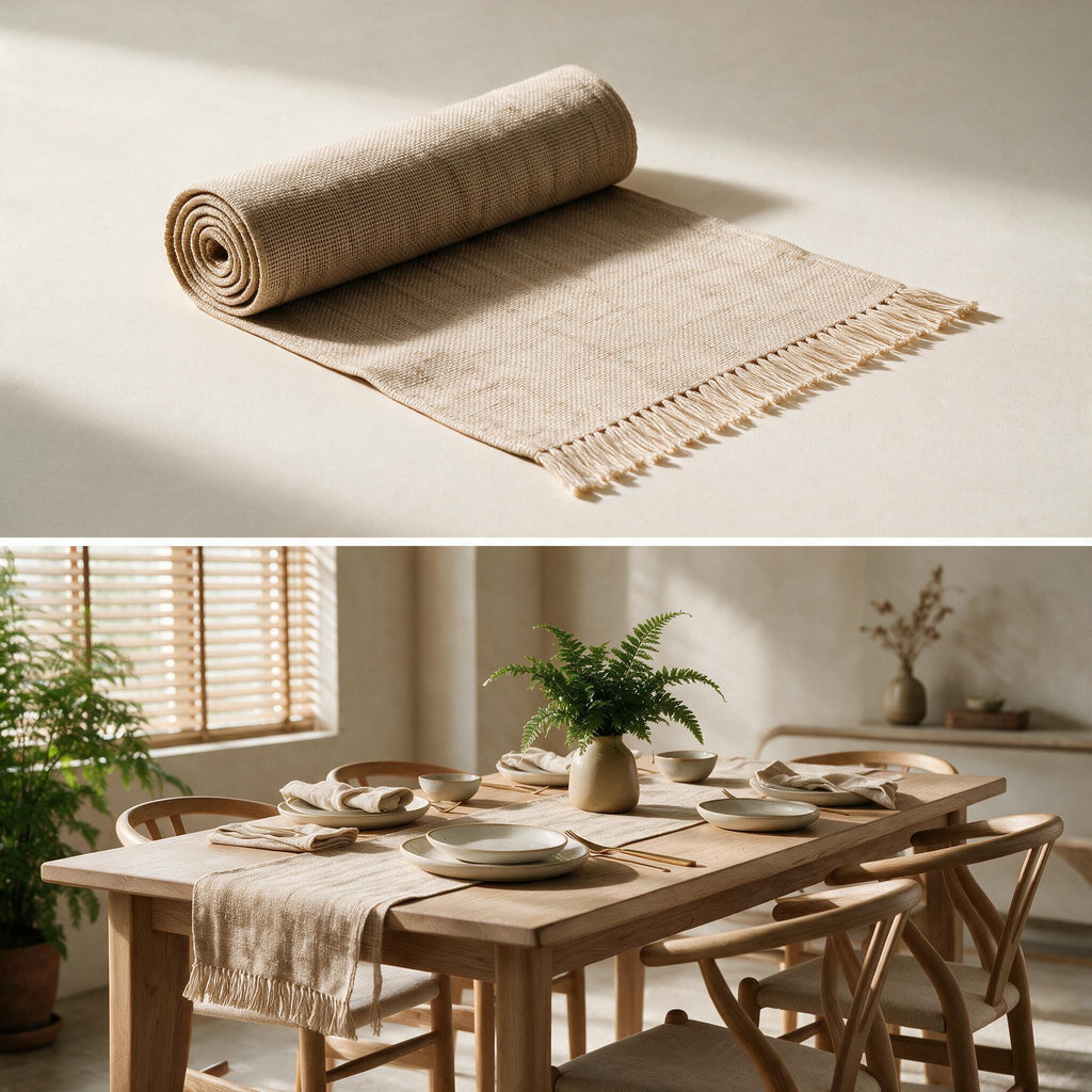 Luma Woven Table Runner in warm sand, styled dining view